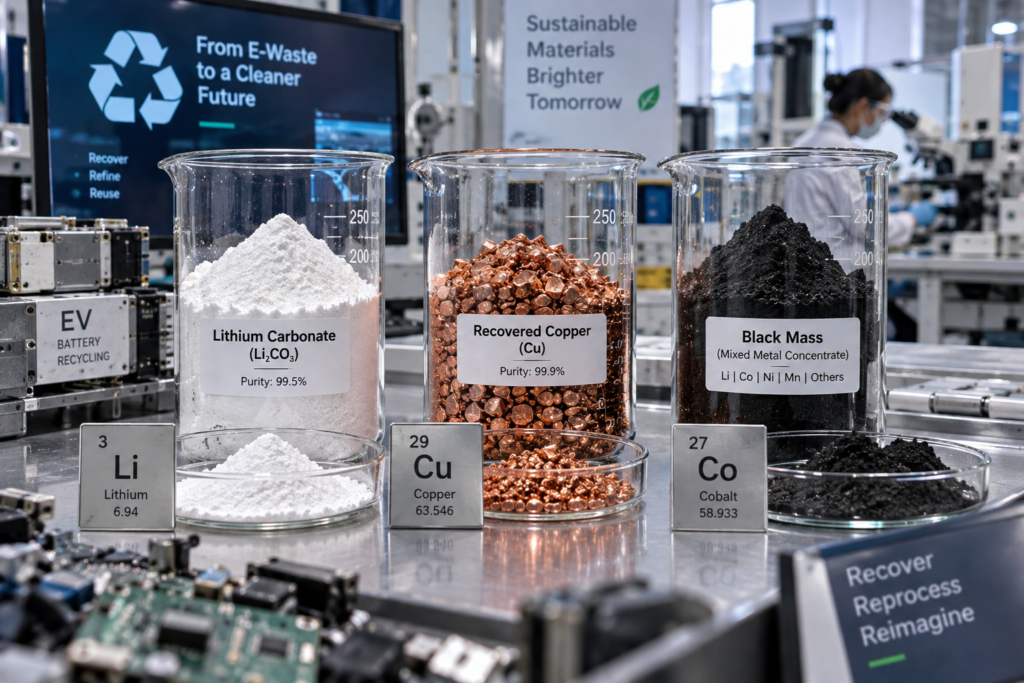 Samples of high-purity recycled battery materials (Lithium Carbonate, Copper, Black Mass) in glass beakers for Recyclekaro.